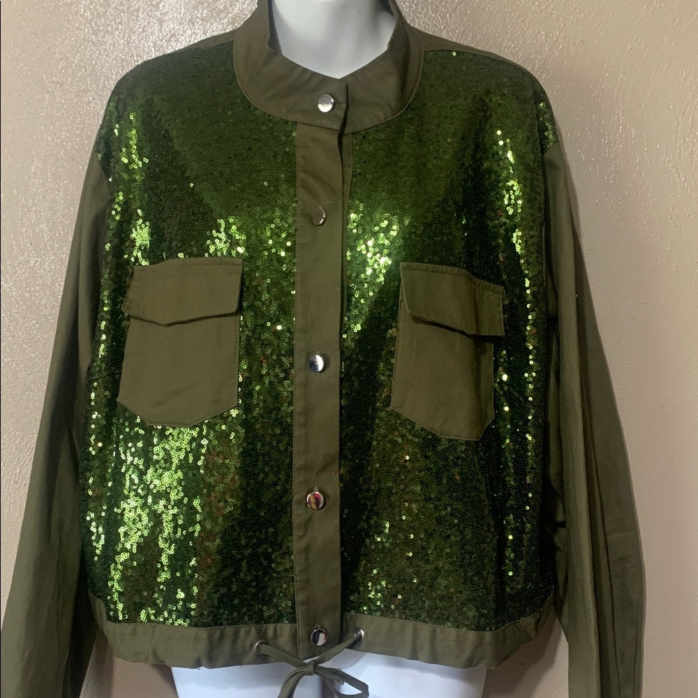 Ashley Stewart size 18/20 Olive Green Sequin Utility Jacket - Picture 2 of 4